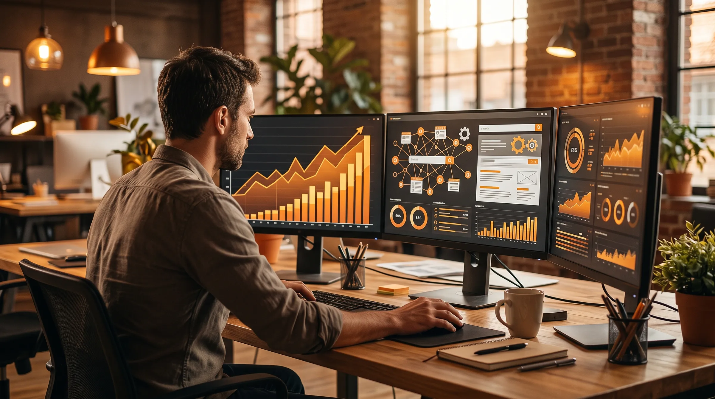 website seo work illustration using orange and brown colors