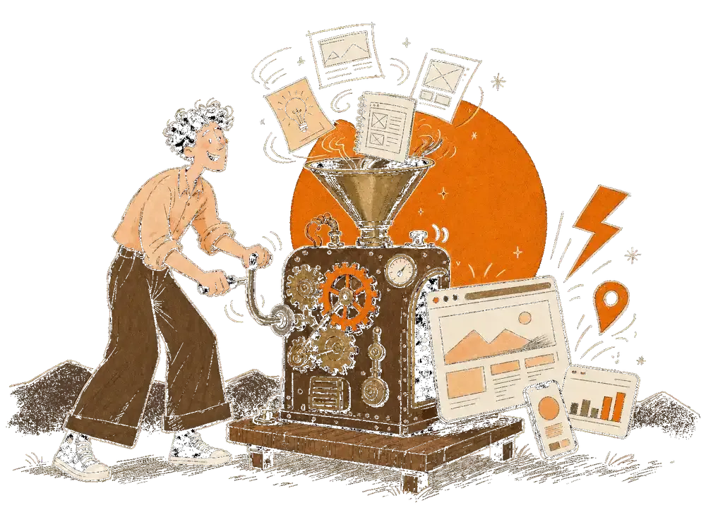 Smiling cartoon man cranking a steampunk machine that turns sketches and ideas into web page layouts and phones.
