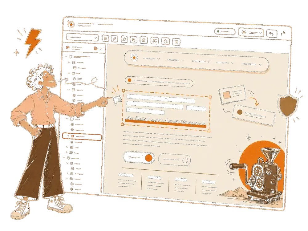 Illustrated cartoon of a curly-haired person pointing at a web page editor with a coffee grinder and shield icons.