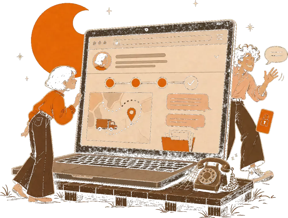 Two illustrated people beside a giant laptop showing a delivery route map, progress steps, chat bubbles, and a folder.