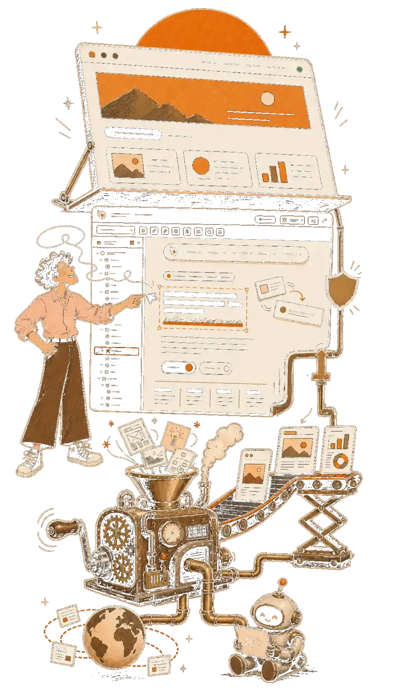 A curly-haired woman pointing at a web design editor, with a steampunk machine turning web pages into a finished site.