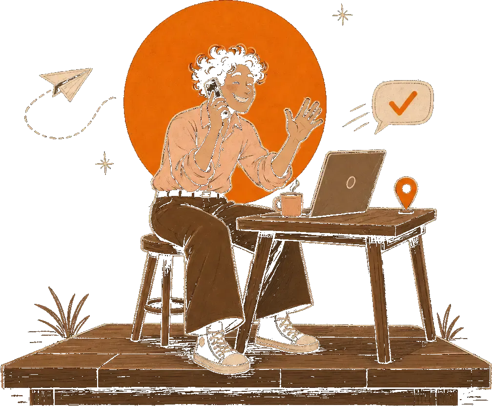 Illustrated man with curly hair smiles while on a phone and waving beside a laptop and coffee mug.