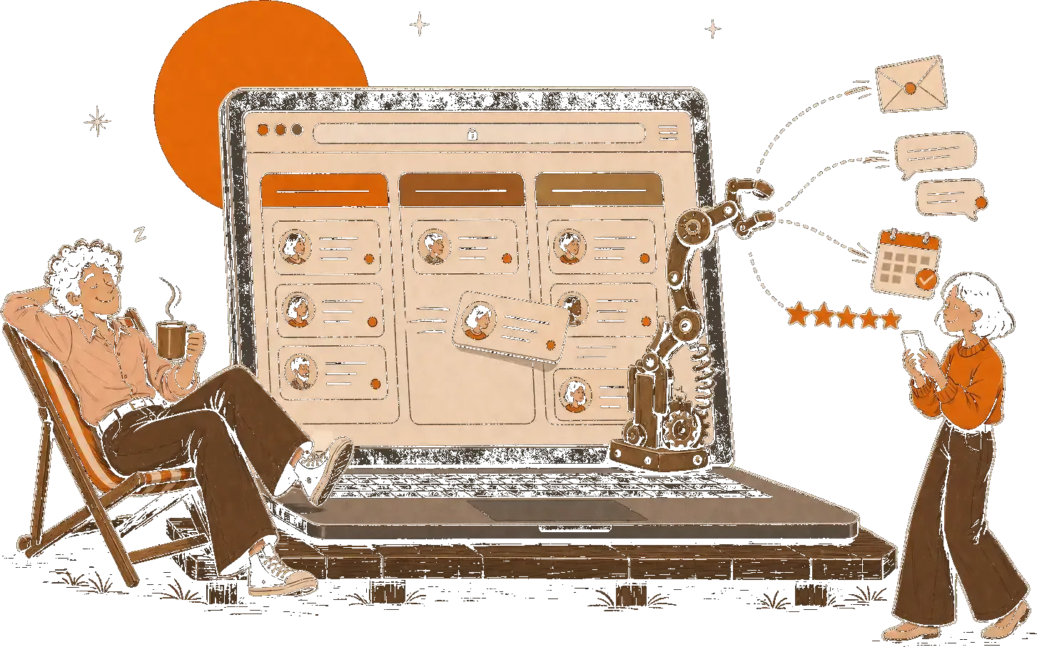 A man relaxing in a deckchair with coffee while a robotic arm sorts client cards on a laptop screen.