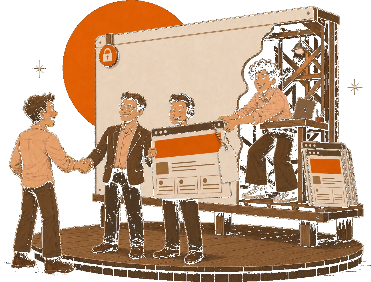 Illustrated scene of two men shaking hands while a headset-wearing colleague holds a website mockup and another builds a