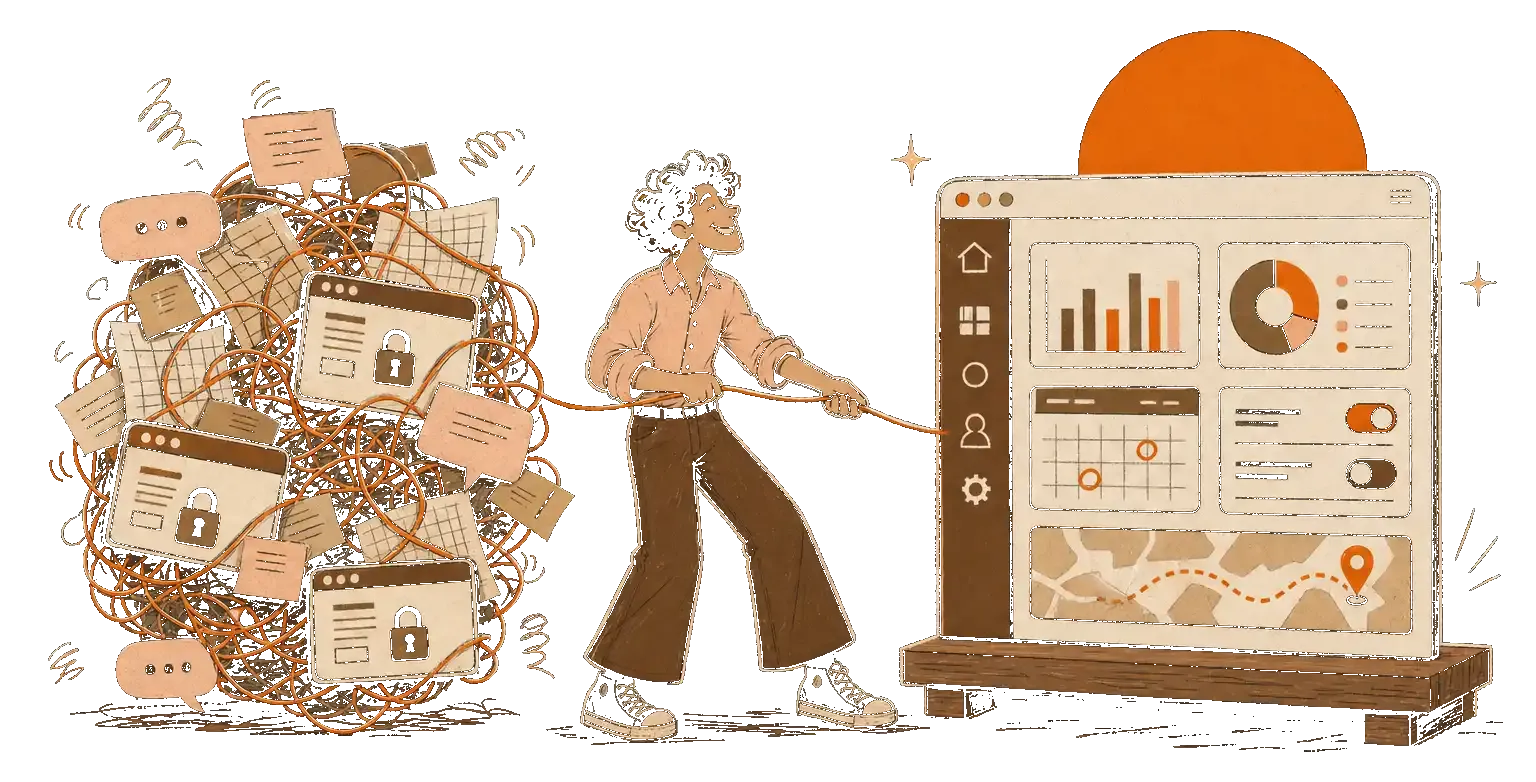 A smiling man pulling tangled orange cords from a pile of locked windows and papers toward a tidy dashboard.