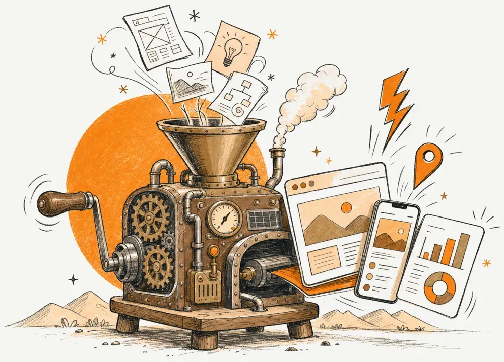 Steampunk-style machine with a funnel and crank turns sketches into web pages, phone screen, and charts.