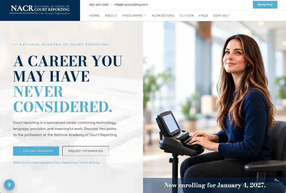 Smiling woman in a navy sweater sits at a stenotype machine in a bright office, with a banner reading Now enrolling for