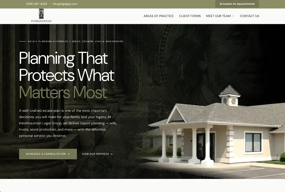 Website hero for Intermountain Legal Group with headline 'Planning That Protects What Matters Most' over a dark image of a