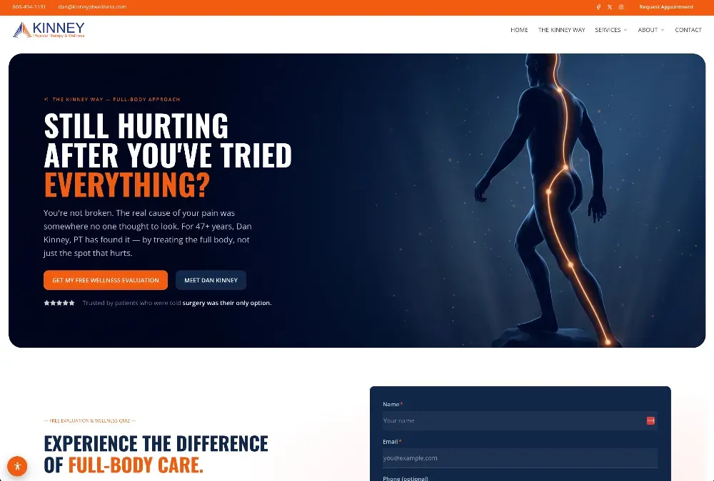Website homepage for Kinney physical therapy with headline 'Still Hurting After You've Tried Everything?' beside a glowing
