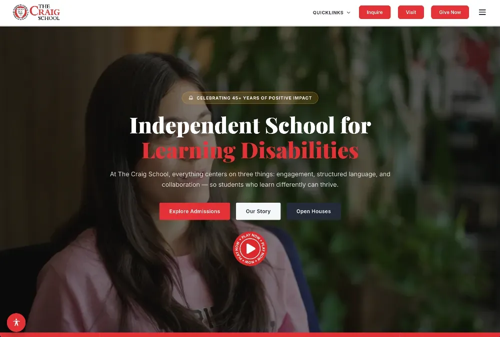Website hero for The Craig School with a young woman with long dark hair beside headline text and buttons.
