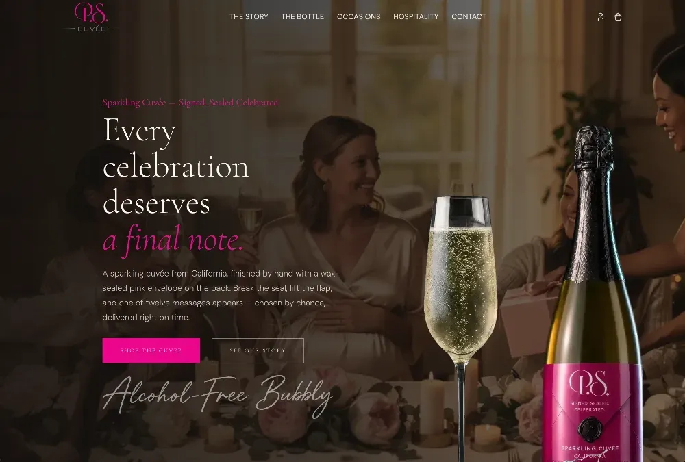 Smiling woman at a candlelit table beside a glass of sparkling wine and a pink-labeled bottle.