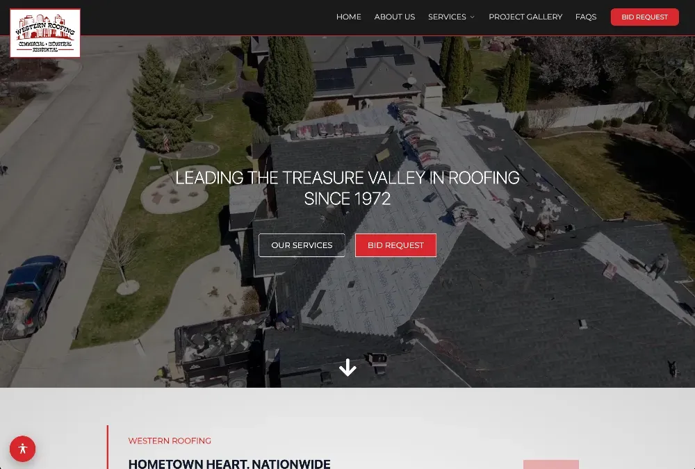 Aerial view of a house roof under repair with workers and a dumpster in a residential neighborhood.