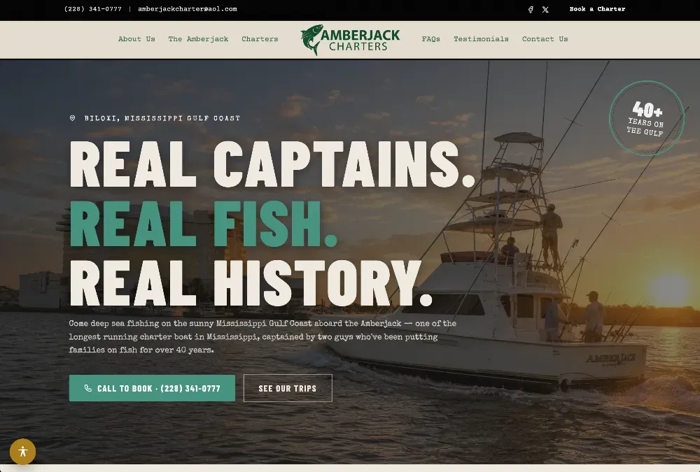 Sportfishing boat on calm water at sunset with headline reading Real Captains, Real Fish, Real History.