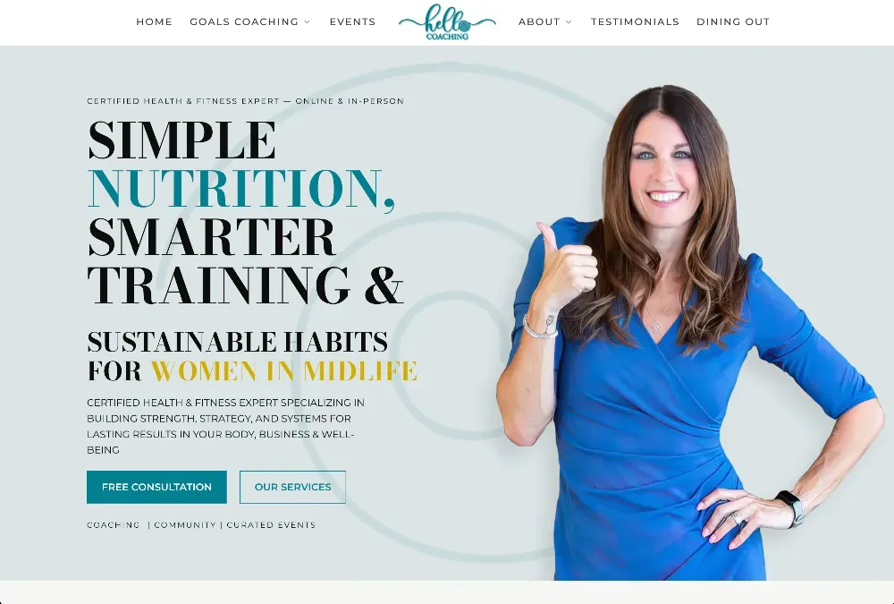 Smiling woman in a blue dress giving a thumbs up beside a website headline about nutrition and fitness coaching.