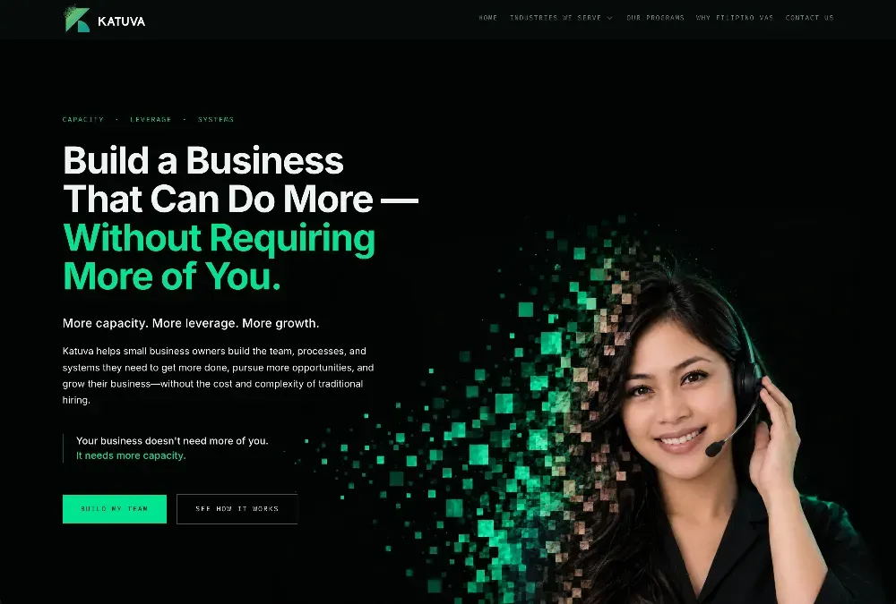 Smiling woman wearing a headset with microphone, beside green pixelated squares and a dark website hero headline.