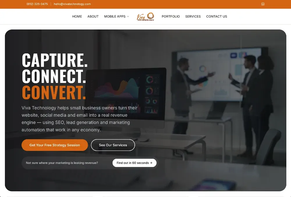Website hero banner reading Capture. Connect. Convert., with business people discussing a presentation in a meeting room.