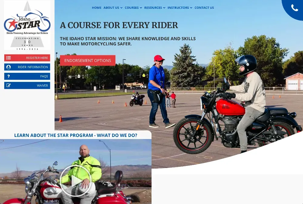 Motorcycle rider in a black helmet on a red bike during a training course, with an instructor in a blue shirt nearby.