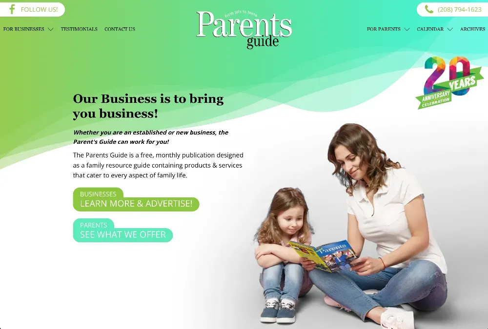 A woman and young girl sit together reading a Parents Guide magazine against a white background.