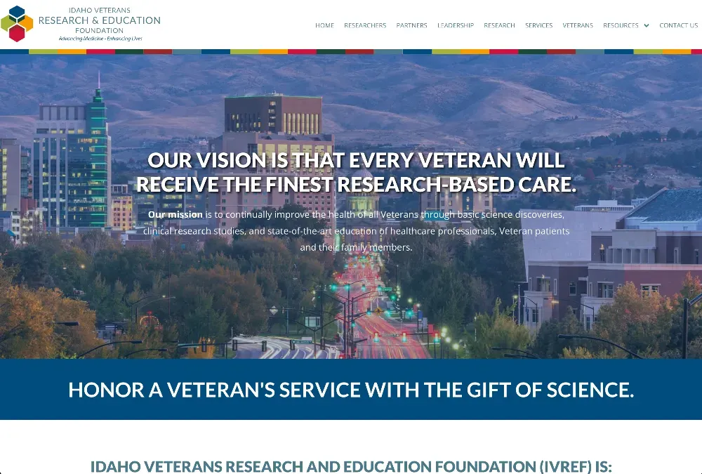 Website banner over a dusk cityscape with a boulevard of light trails, reading vision and mission text for a veterans