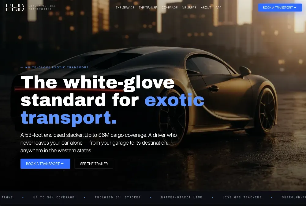 Dark sports car in a city at dusk with overlaid headline reading 'The white-glove standard for exotic transport.