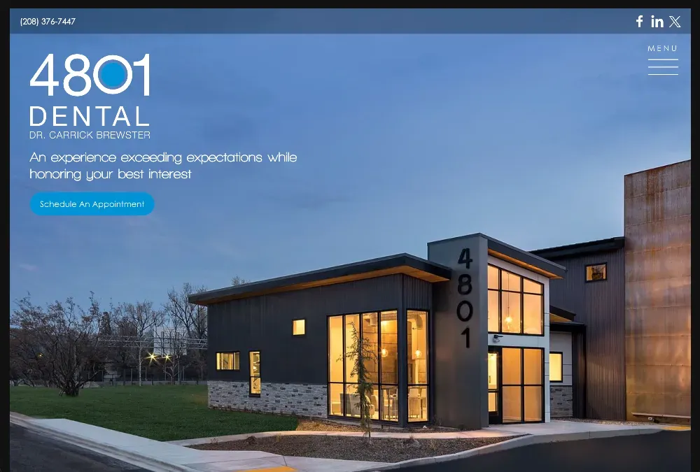 Modern dark-clad dental office at dusk with glowing windows, address 4801 on the tower, and a website header overlay.