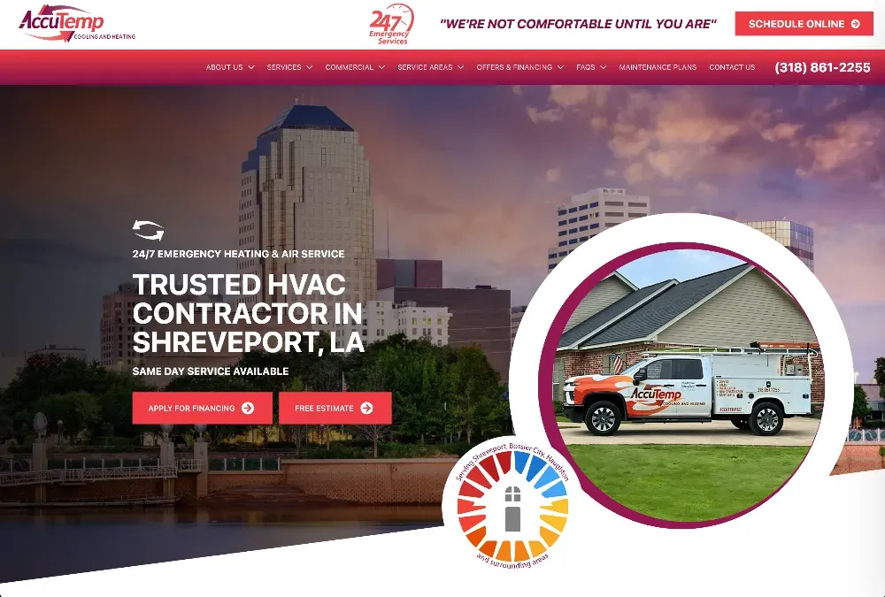 Accutemp HVAC service truck parked on grass in front of a brick house, with a city skyline behind the website banner.