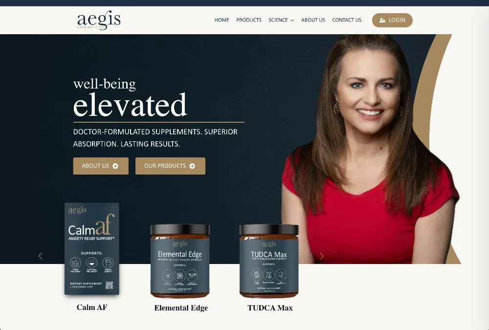 Smiling woman in red top beside Aegis supplement products Calm AF, Elemental Edge, and TUDCA Max on a dark website banner.