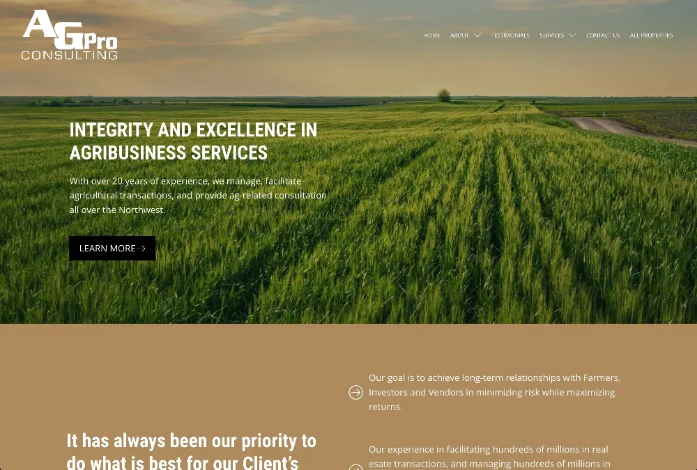 Green wheat field rows under a sunset sky with a dirt road, beside website text for AgPro Consulting.