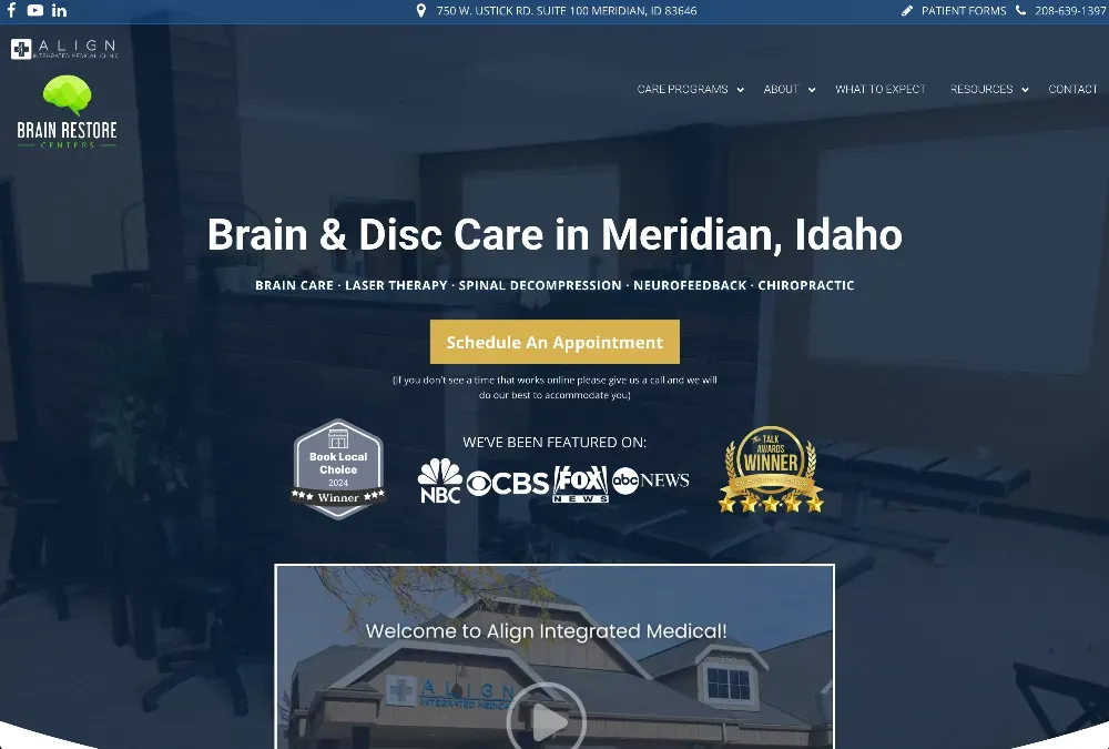 Website homepage for Brain Restore Centers in Meridian, Idaho, with a 'Schedule An Appointment' button and media logos.