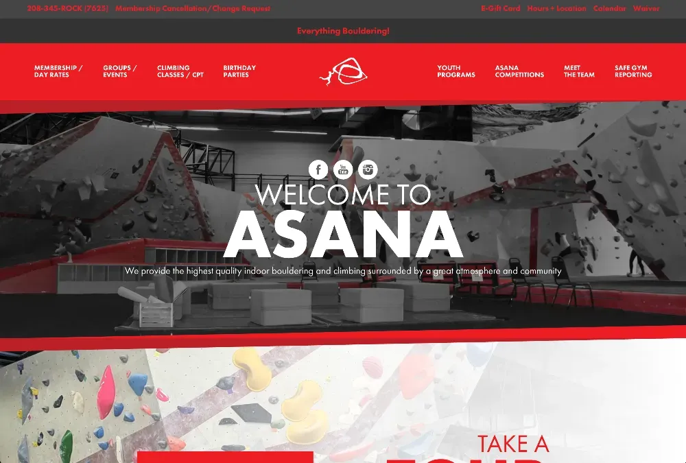 Website hero banner for Asana bouldering gym over a grayscale photo of climbing walls with red accents.