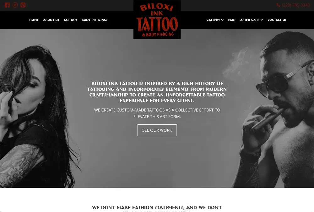 Black-and-white hero banner of Biloxi Ink Tattoo with a woman with tattooed arm and a man in sunglasses smoking a cigar.