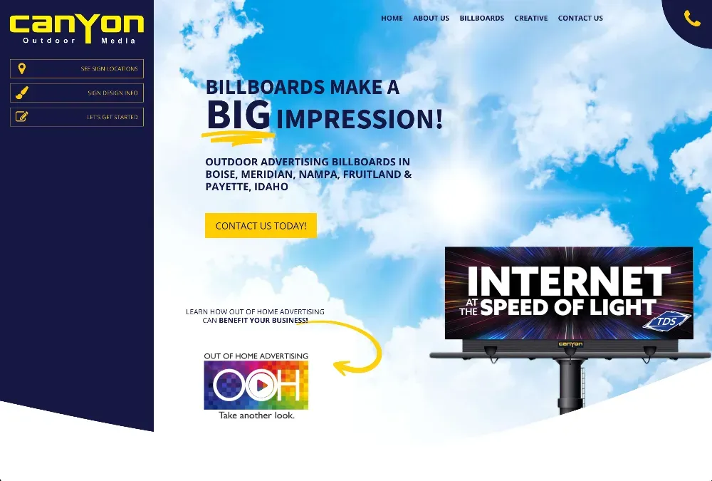 Website homepage for Canyon Outdoor Media showing a digital billboard reading 'Internet at the Speed of Light' against a