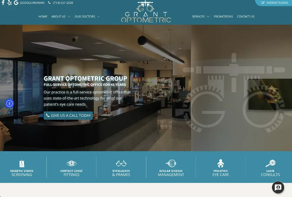 Website hero banner for Grant Optometric Group showing a bright optical retail area with a reception counter and eyewear