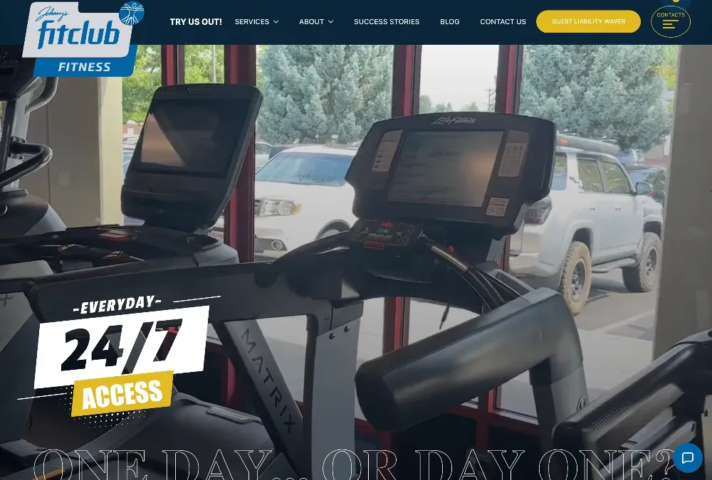 Gym treadmill and Matrix elliptical machines by a window, with a parked white SUV outside; overlay reads 24/7 access.