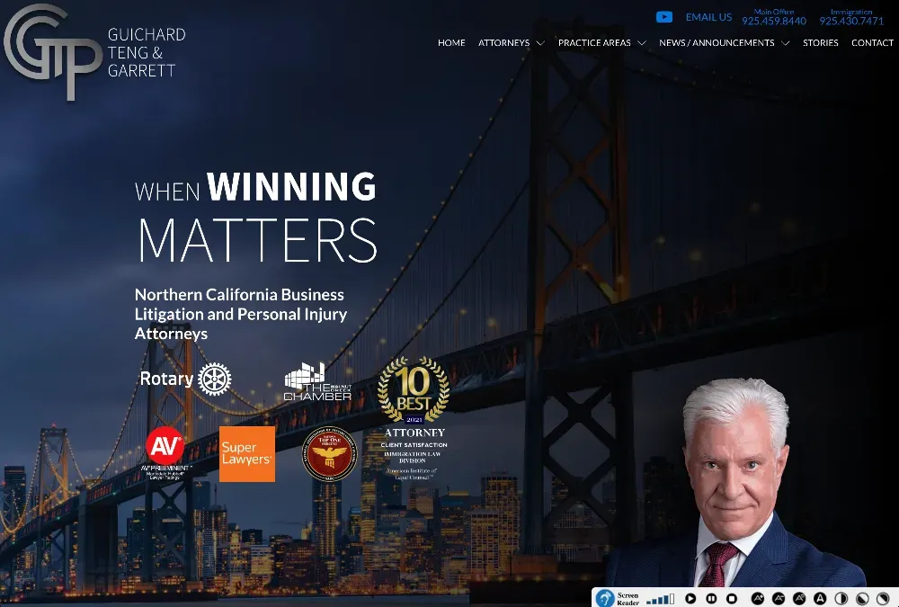 Older gray-haired man in a navy suit and red tie in front of a bridge at night, with 'When Winning Matters' text.
