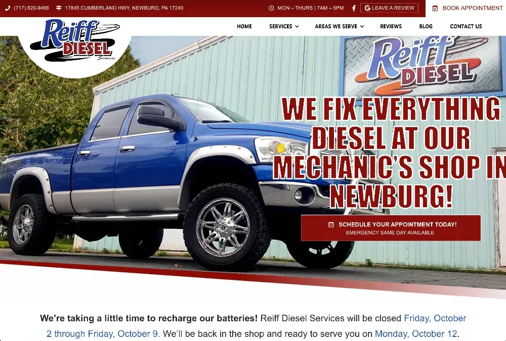 Lifted blue Dodge pickup truck with chrome wheels parked outside Reiff Diesel Services shop, with headline text overlay.