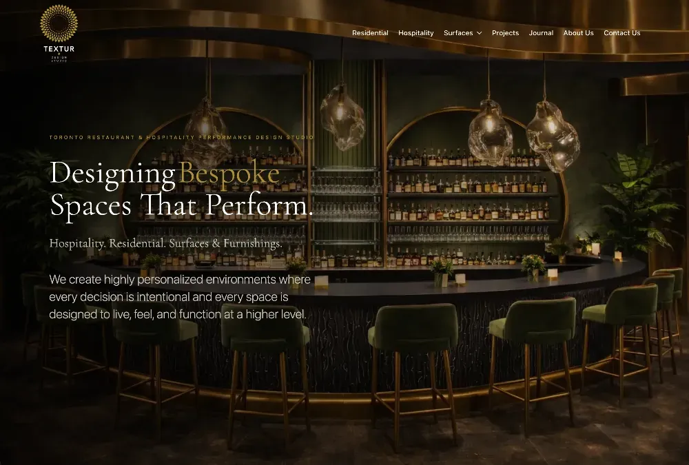 Curved dark bar with green velvet stools, glowing back shelves of bottles, and pendant lights, with website headline text.
