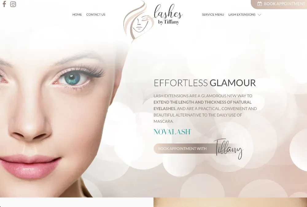 Close-up of a woman with blue-green eyes and long lash extensions, beside website text promoting Novalash lash extensions.