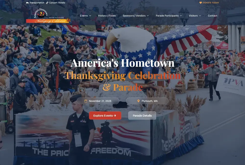 Parade float with a large eagle and American flag design, a uniformed service member walking beside it, crowds watching.