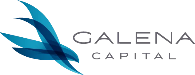 Galena Capital logo with stylized blue bird wings beside gray text on a black background.