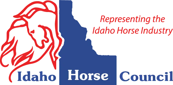 Idaho Horse Council logo with a red horse head, blue Idaho state outline, and tagline Representing the Idaho Horse Industry.