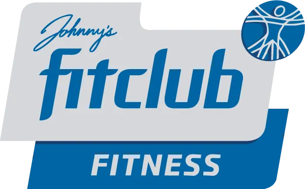 Johnny's Fitclub Fitness logo with blue script and bold lettering on a gray and blue badge, plus a circular figure icon.