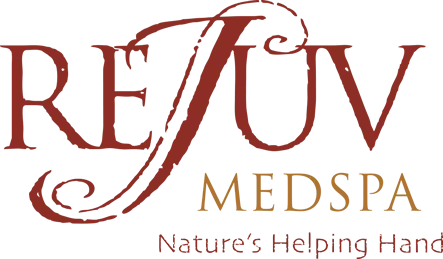Logo reading REJUV MedSpa with a red flourish through the letter J and the tagline Nature's Helping Hand.