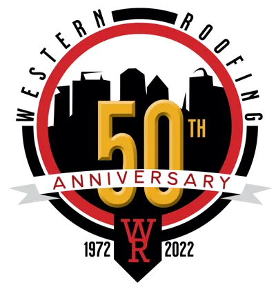 Western Roofing 50th anniversary badge with gold 50 over a black city skyline inside a red ring.