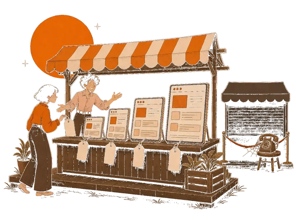 Illustrated market stall with a smiling vendor showing four website mockups on price tags to a customer.