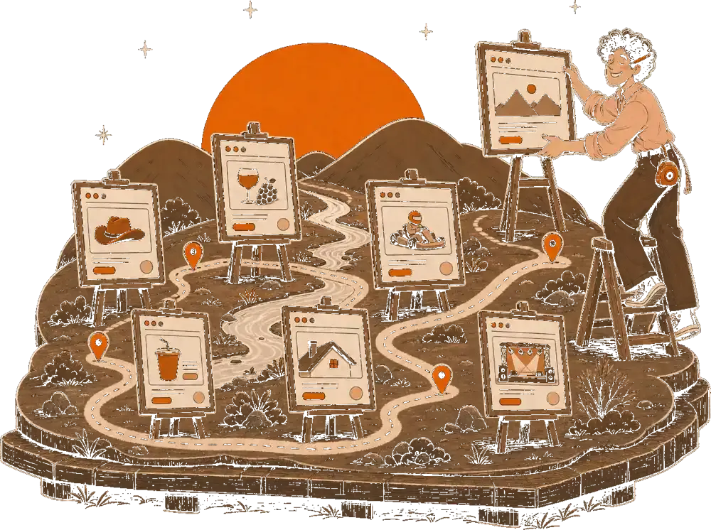 A smiling curly-haired man on a ladder placing a web page mockup on an easel along a winding path.