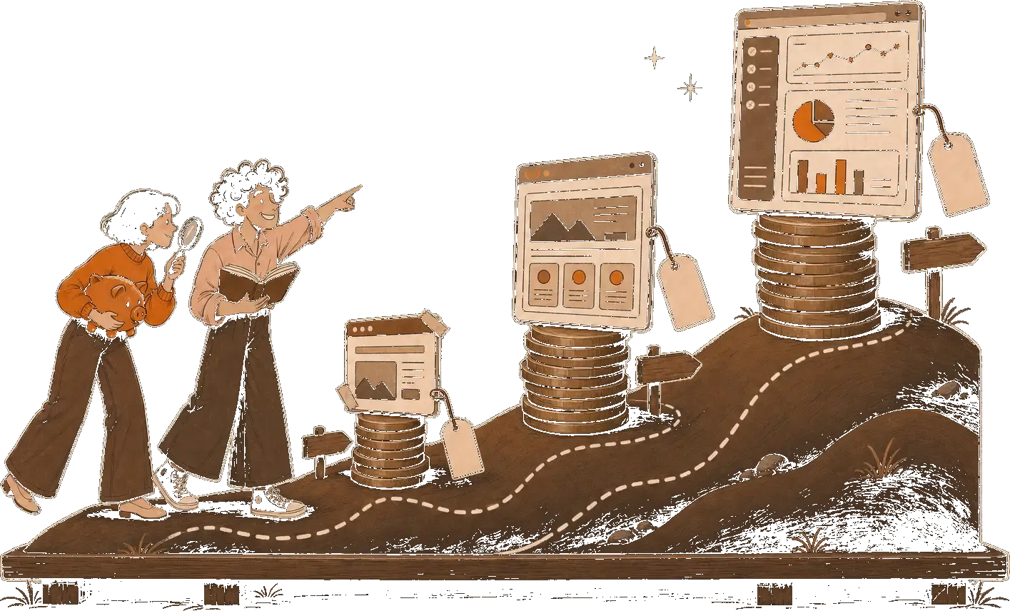 Two people look at a rising path of coin stacks topped with web page mockups and charts, one holding a magnifying glass.