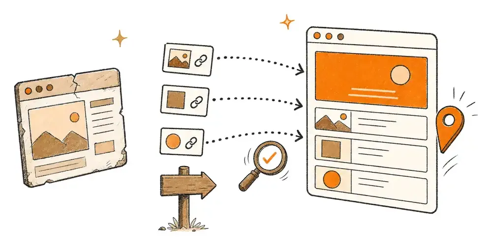 Hand-drawn illustration of a broken old web page linked by dotted arrows to a neat new layout, with a magnifier and signpost.