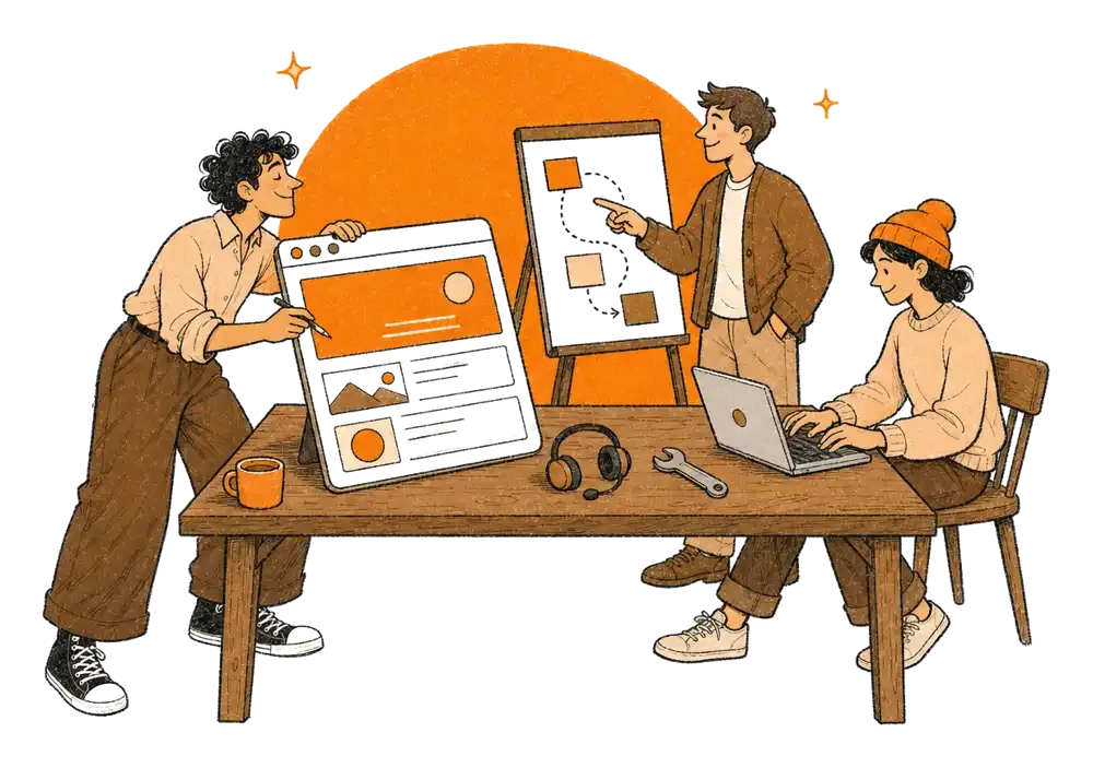 Three illustrated people collaborating at a wooden table with a tablet, laptop, headphones, and wrench against an orange sun.