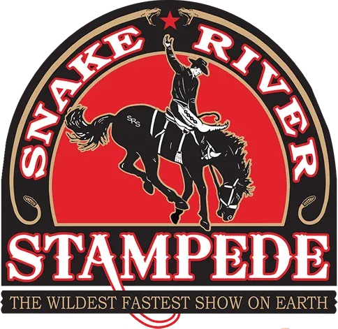 Logo showing a rider on a bucking horse under the words Snake River Stampede, with the tagline The Wildest Fastest Show on